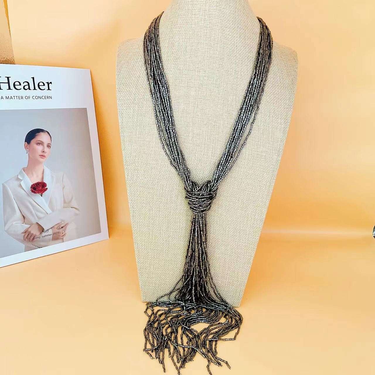 Boho Multi Layer Rice Bead Nacklace Chic Ethnic Style Rope Sweater Chain Jewelry
