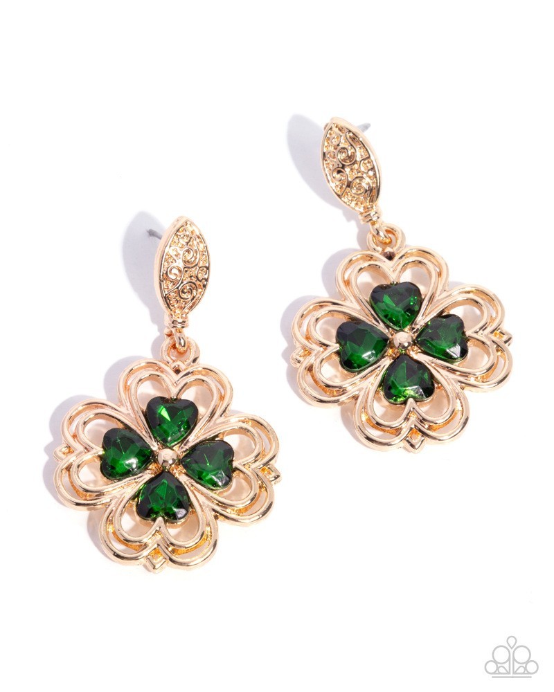 Paparazzi Casual Clover – Green – Green Heart Gems Four Leaf Clover – Post Earri