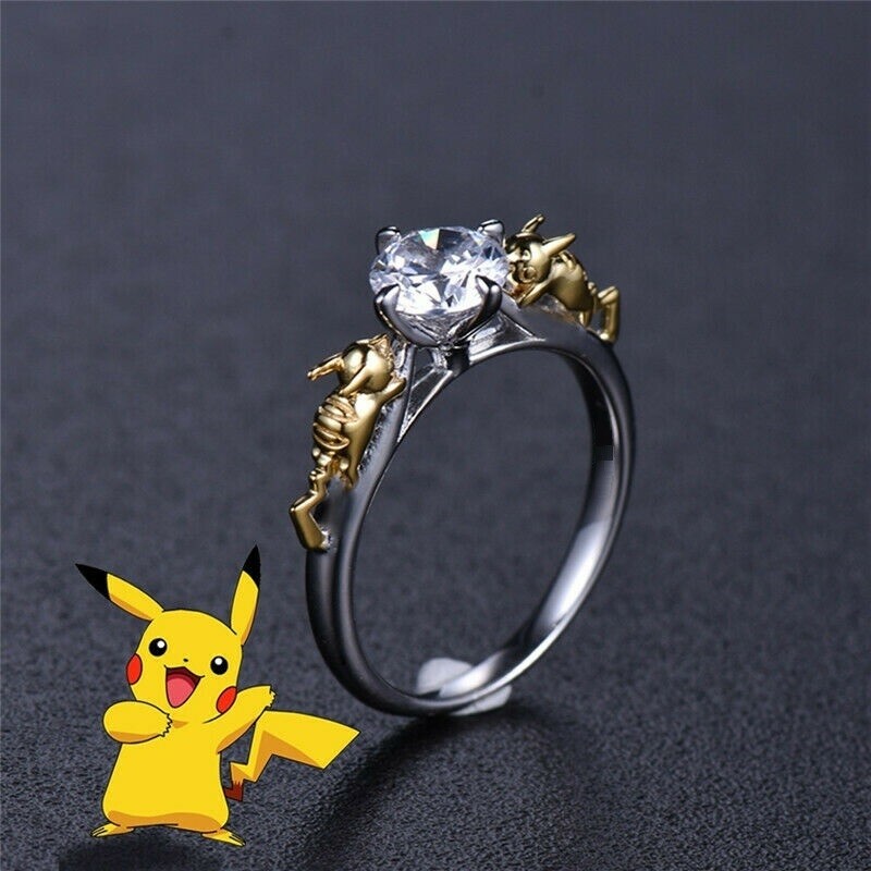 Pikachu Crystal Pokemon Two Tone Gold Silver Ring Band Size 6 – 11 Free Gift Box
