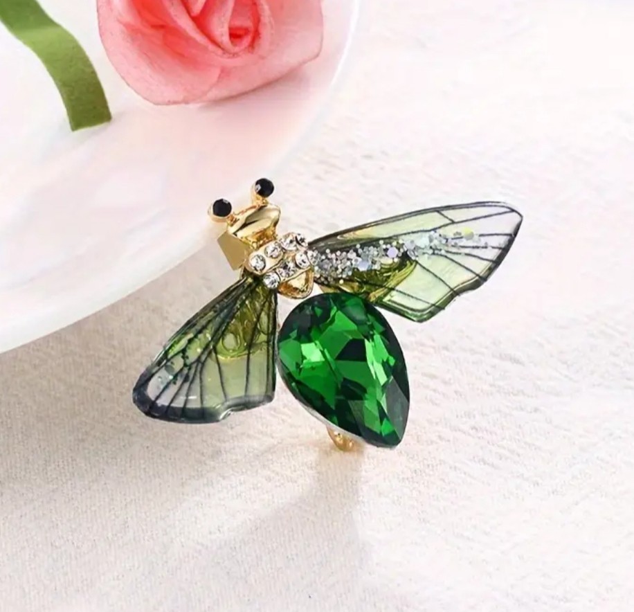 GREEN INSECT BEE BUG FIREFLY~DRAGONFLY WINGS BROOCH PIN~CRYSTAL GARDENER GIFT
