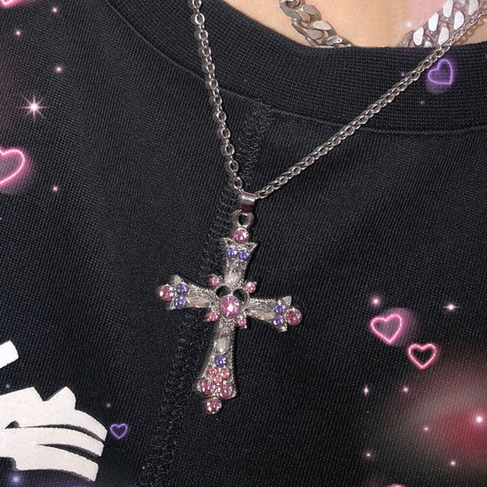 Sparkling Crystal Cross Pendant Necklace – Zinc Alloy, 18″ Chain, 2 Colors