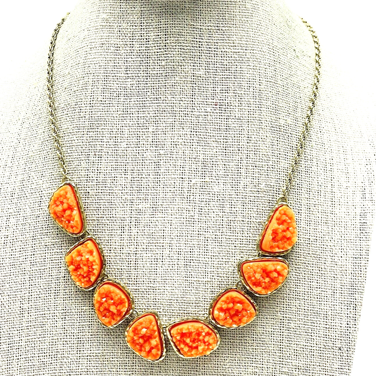 Vintage Orange Faux Druzy Quartz Necklace Gold Tone Statement