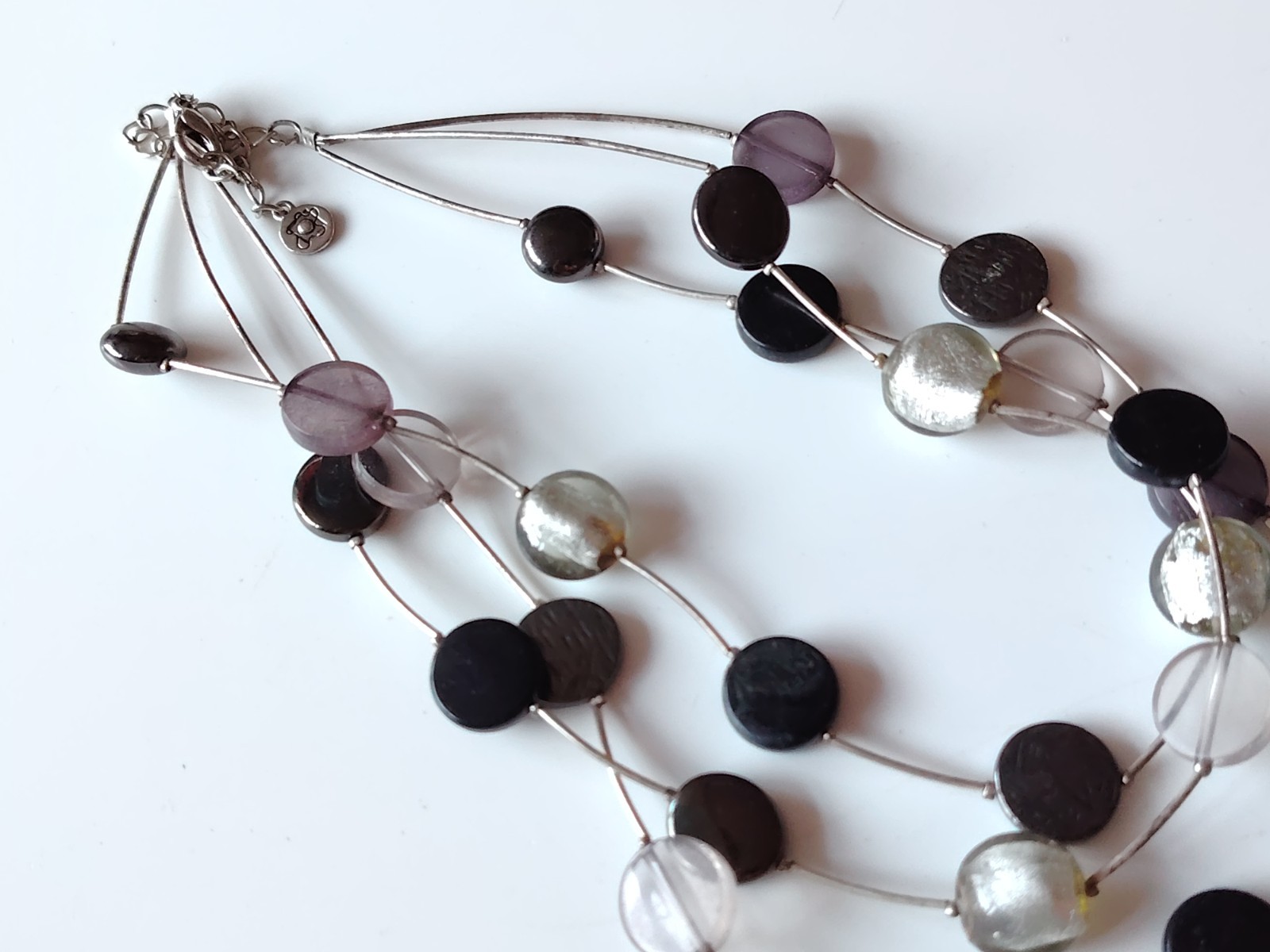 Ikita Silver Tone Foil glass Disc Bead Necklace Layering Metal Tube Multi Strand
