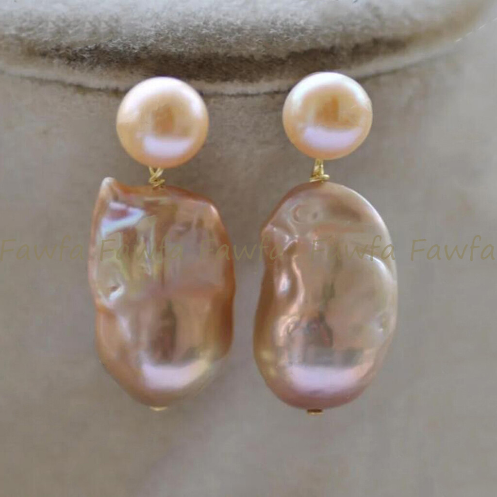 Genuine Natural Pink Freshwater Keshi Baroque Double Pearl Dangle Stud Earrings