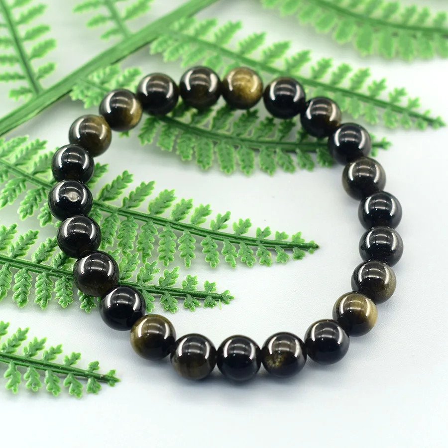Golden Obsidian Beaded Bracelet Natural Stone Rainbow Tourmaline Energy Jewelry