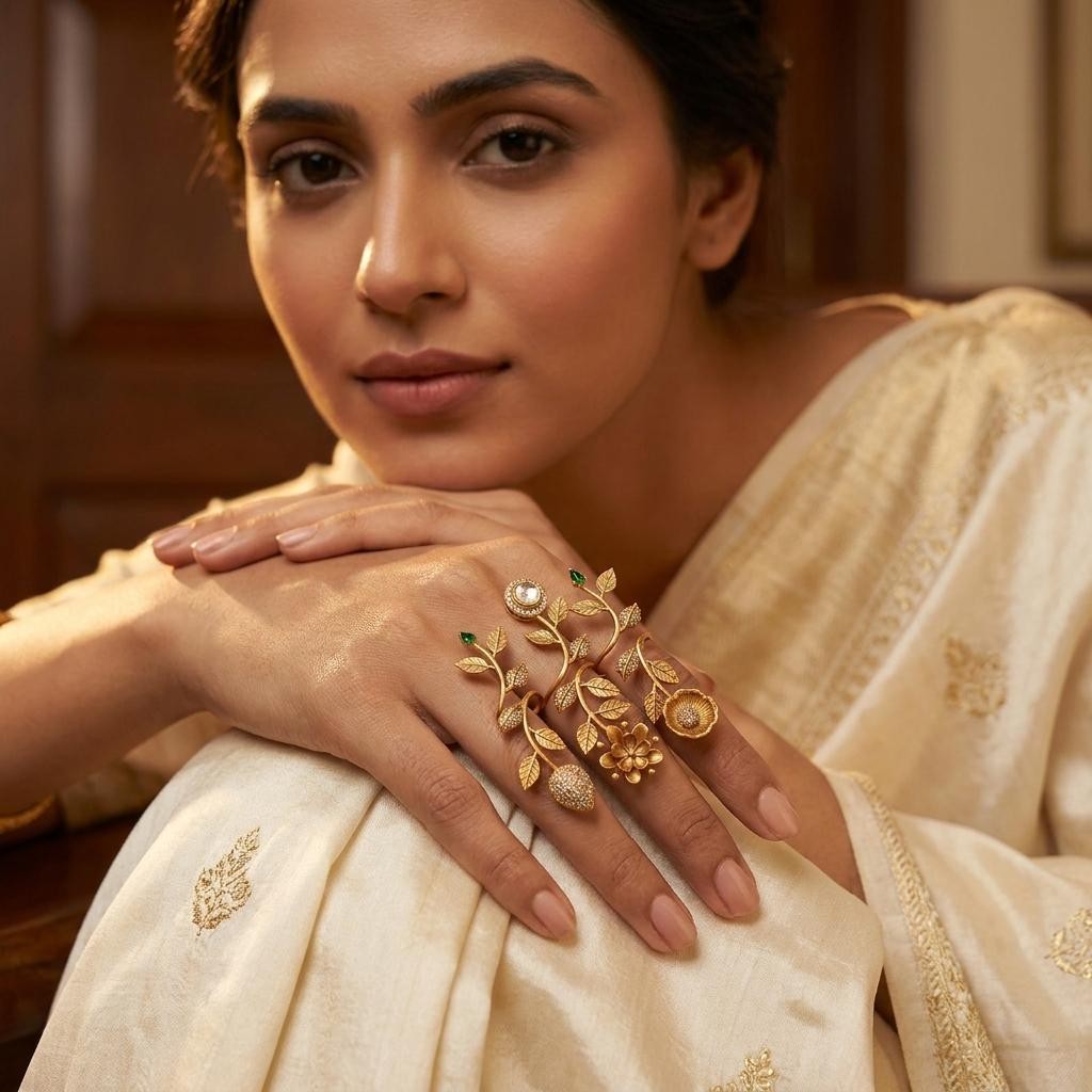 Adjustable Floral Branch Finger Ring | Gold Tone Statement Ring