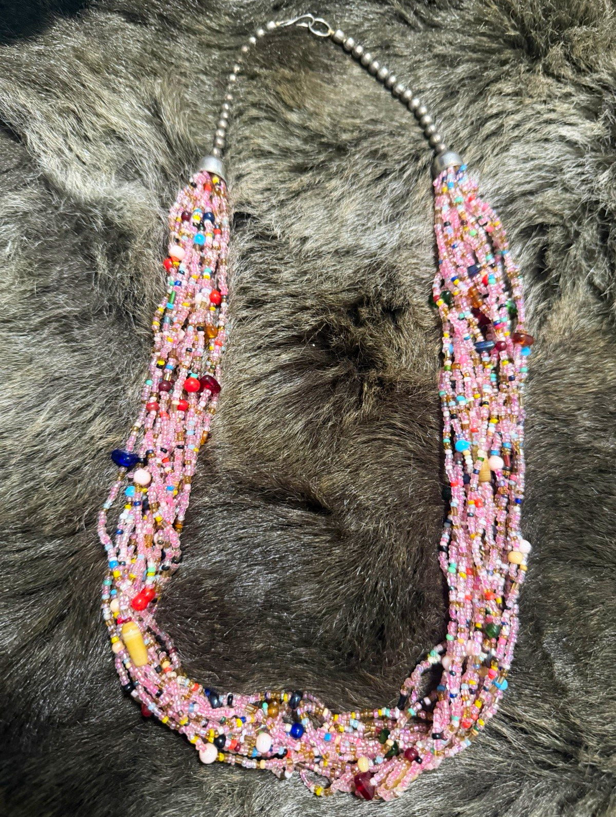 Multi-Strand Glass Beaded Necklace Ball/Bead Chain Pink Multicolor Hook