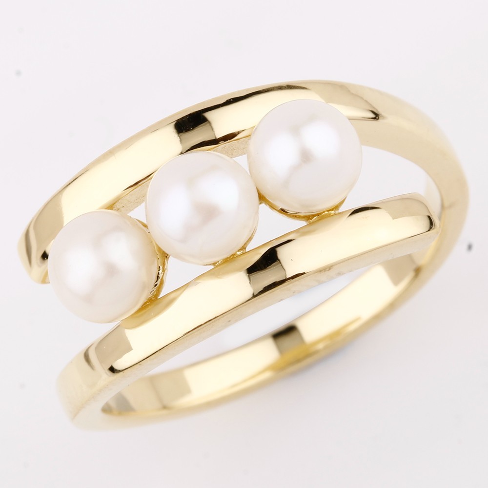 Three-Pearl Ring in 925 Sterling Silver with 14K Yellow Gold Flash Plating