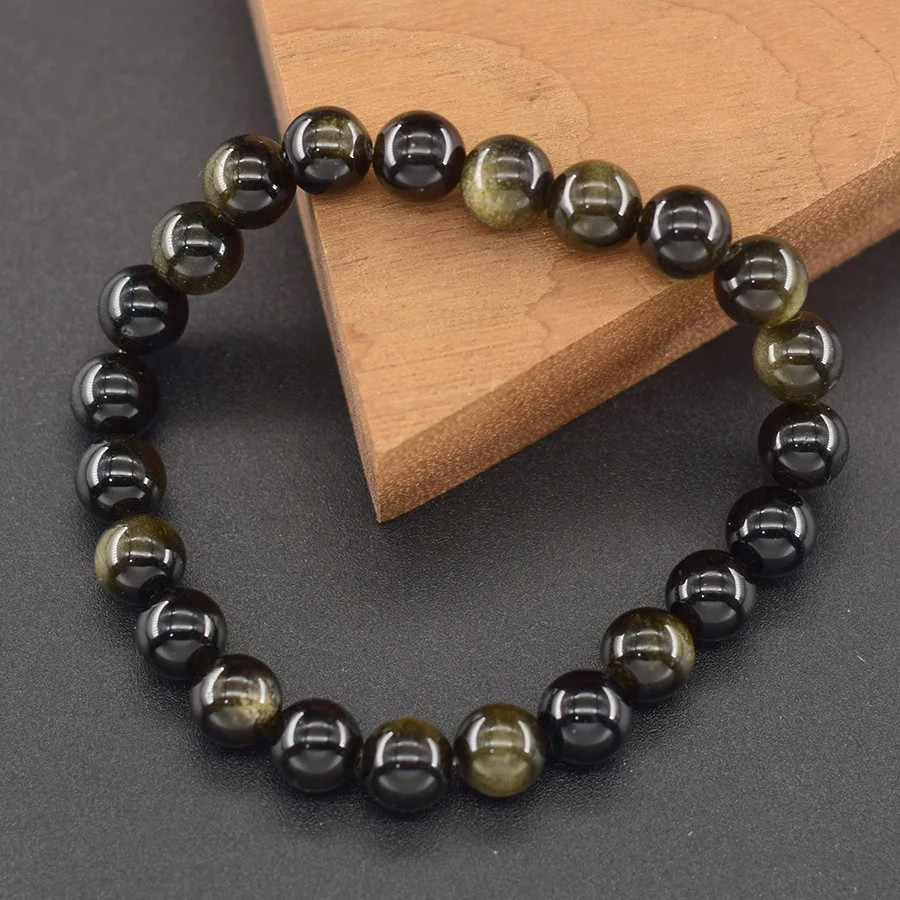 Golden Obsidian Beaded Bracelet Natural Stone Rainbow Tourmaline Energy Jewelry