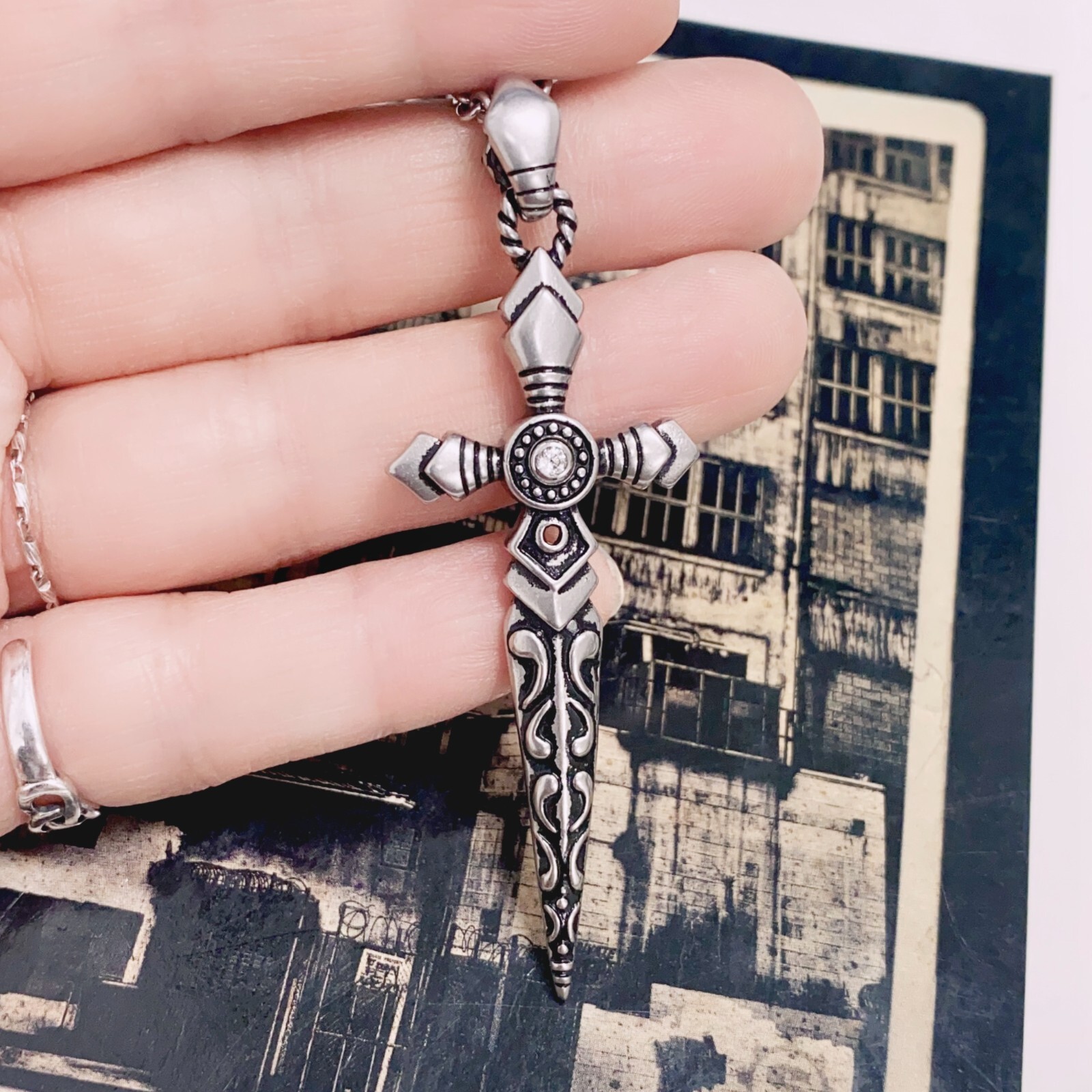 sword necklace tattoo pattern two clear crystal blacken stainless steel pendant