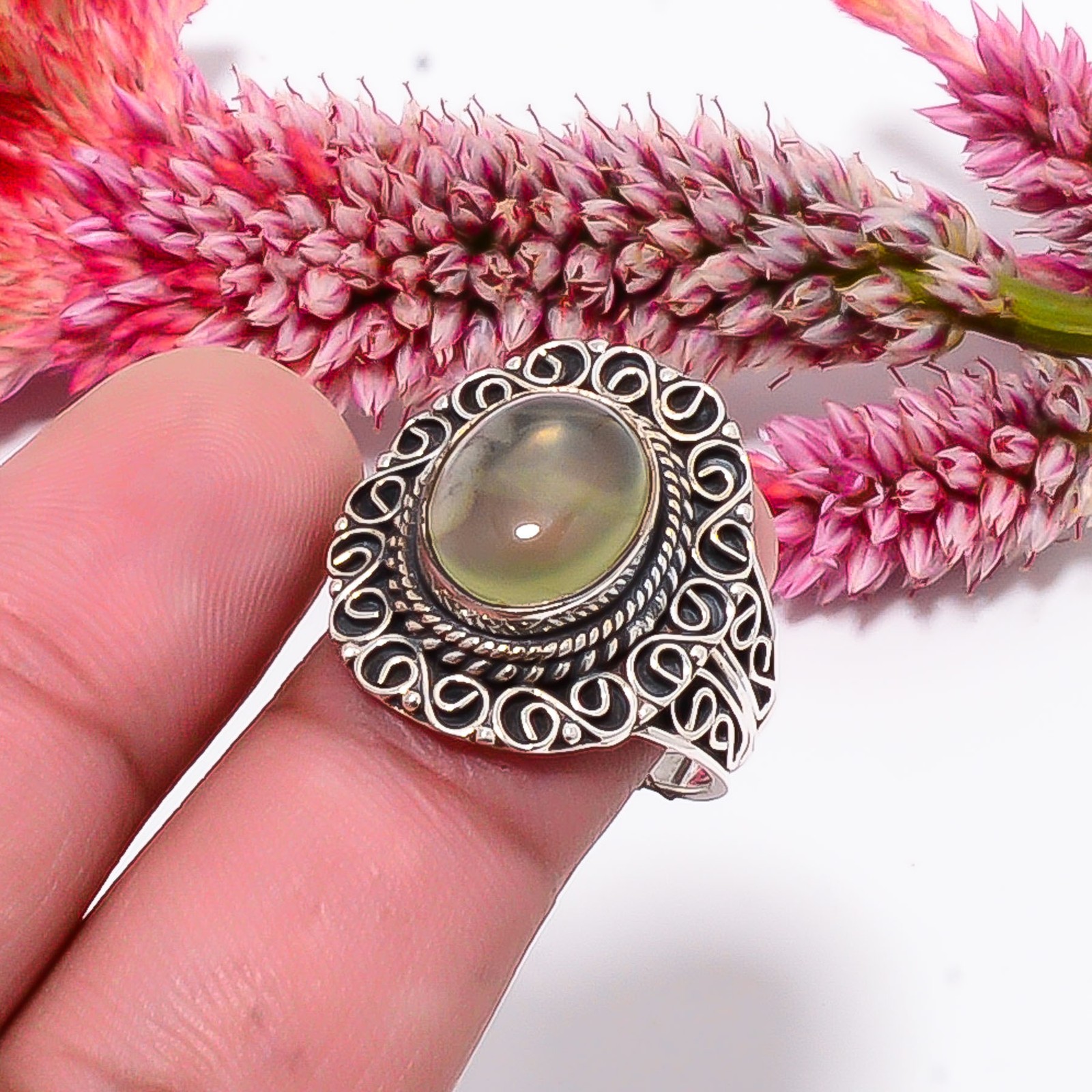 Prehnite – South Africa Fine Art Oxidised 925 Sterling Silver Ring S.9 R115529