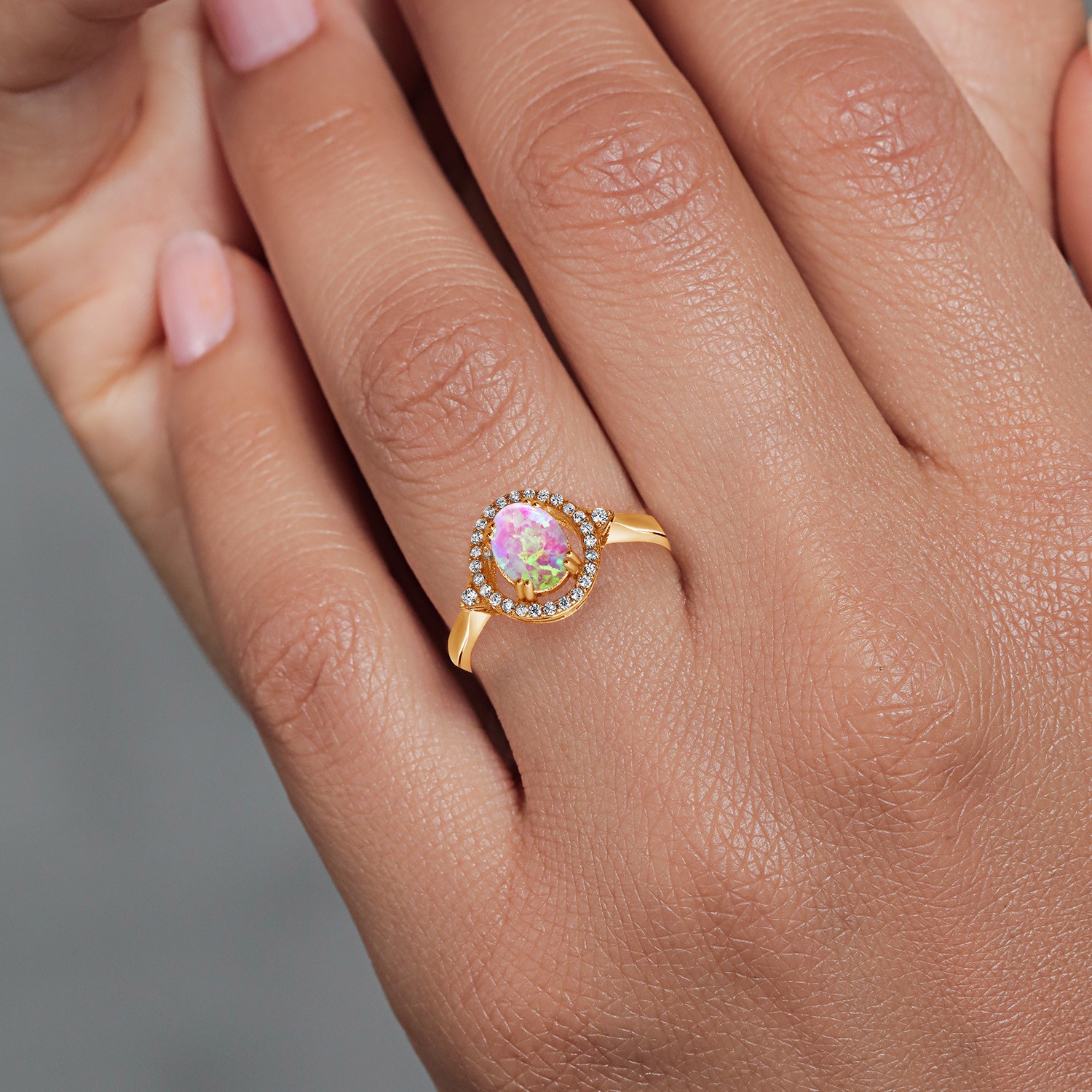 0.97 Ct Oval Cabochon Pink Simulated Opal 18K Yellow Gold Plated Silver Ring