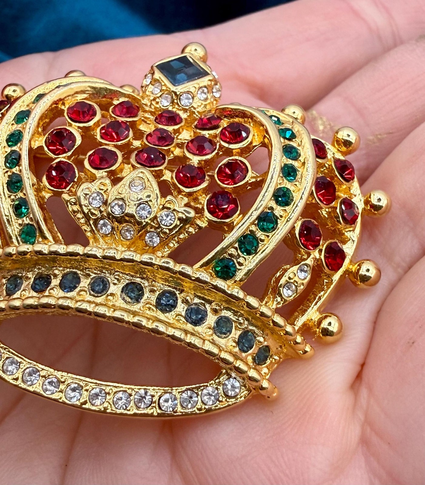 Signed KJL Crown Brooch: Gold-Tone Red Green Blue Rhinestone Statement Pin
