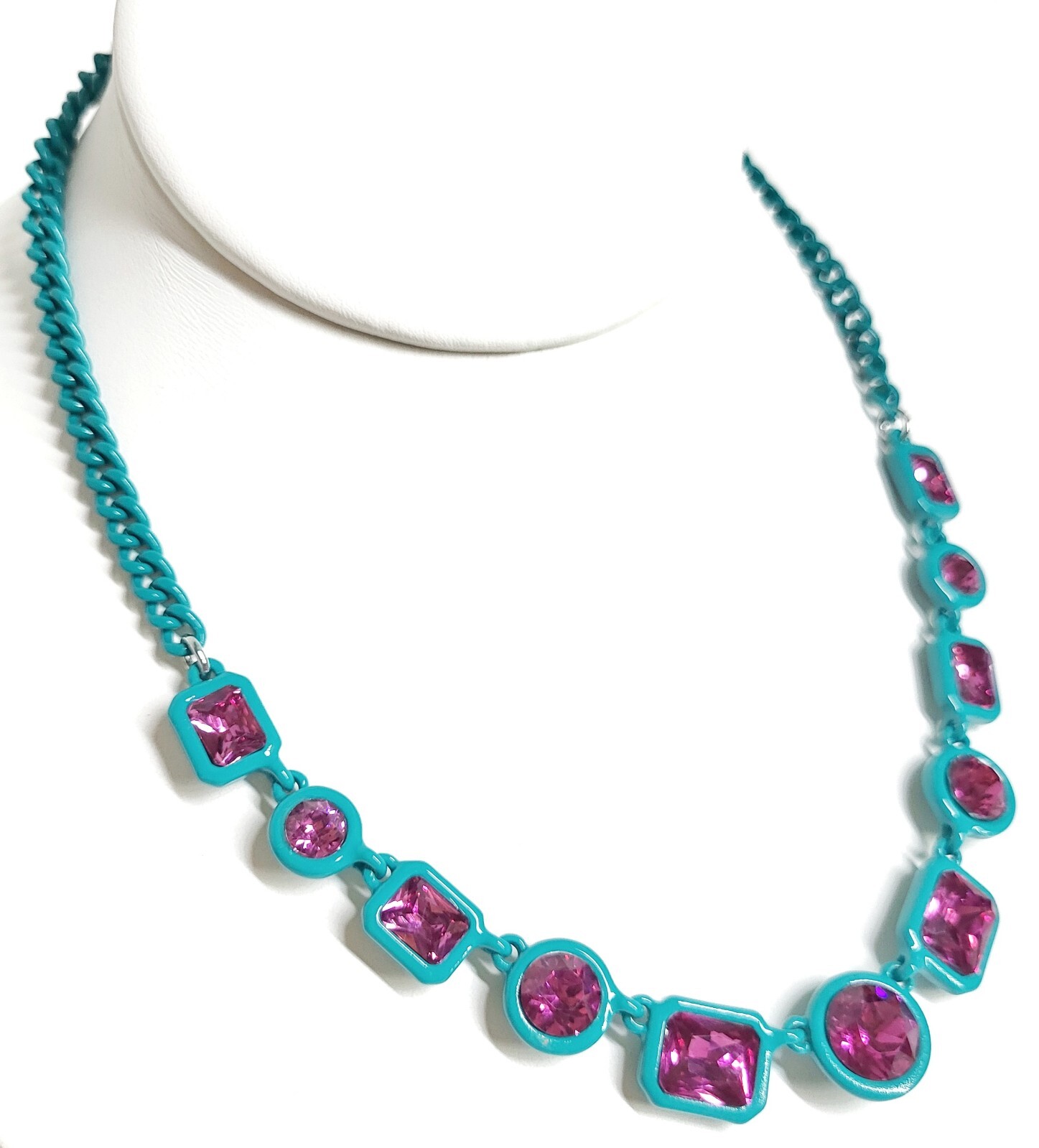 Karl Lagerfeld Crystal Chain Statement Necklace Green Fuchsia Plated Brass NWT