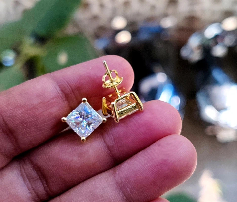 1.00Ct Princess Cut Moissanite Solitaire Stud Earrings 14K Yellow Gold Plated