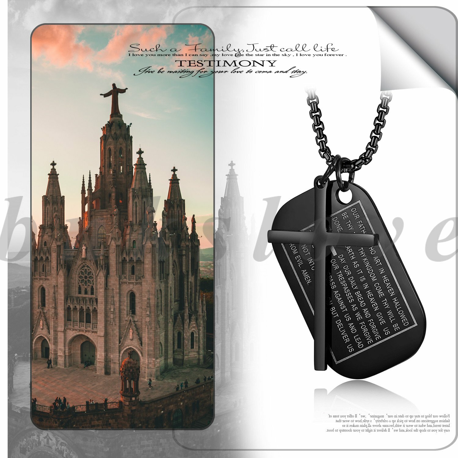 Men’s English Bible Verse Cross Dog Tag Pendant Necklace Stainless Steel Chain