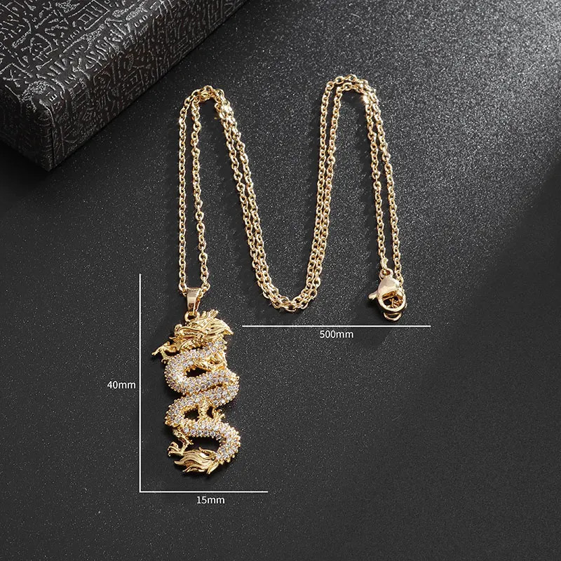 Cubic Zirconia Dragon Pendant Necklace for Men Women Amulet Jewelry