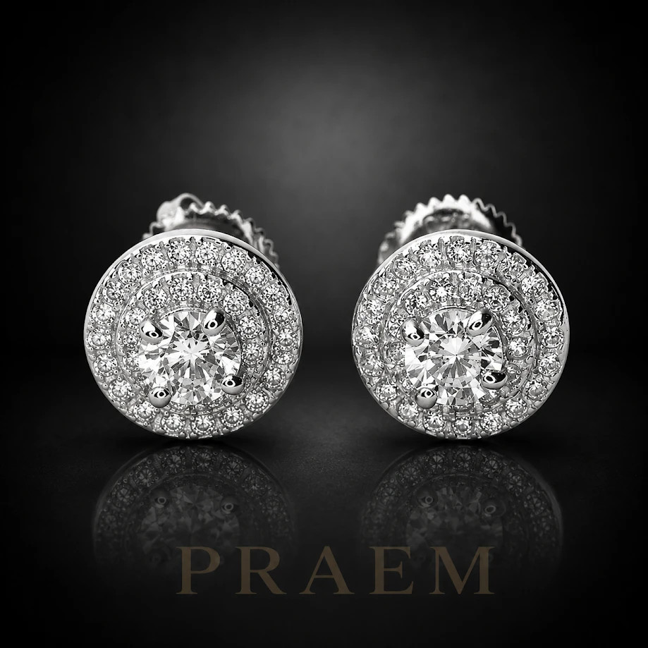 PRAEM Silver Plated Iced CZ 8mm Round Screw Back Stud Earrings Hip Hop Bling