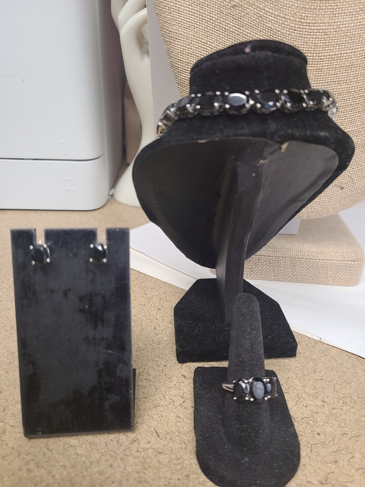 EverTrue Thai Black Spinel 47.70 ctw Ring , Bracelet (8.5in) and Stud Earrings