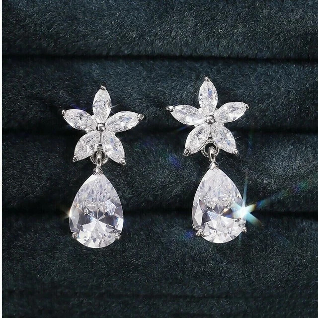 Drop Dangle Women Earrings 4 Ct Pear Cut Diamond Simulated 14K White Gold Finish