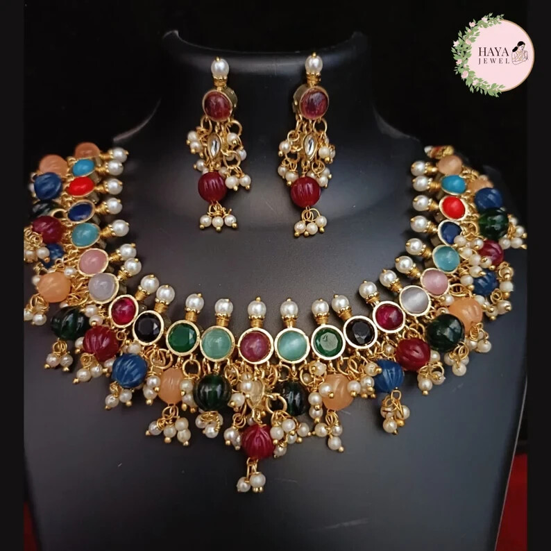 Multicolor Kundan Choker Kundan Navratan Necklace with Matching Earrings Set