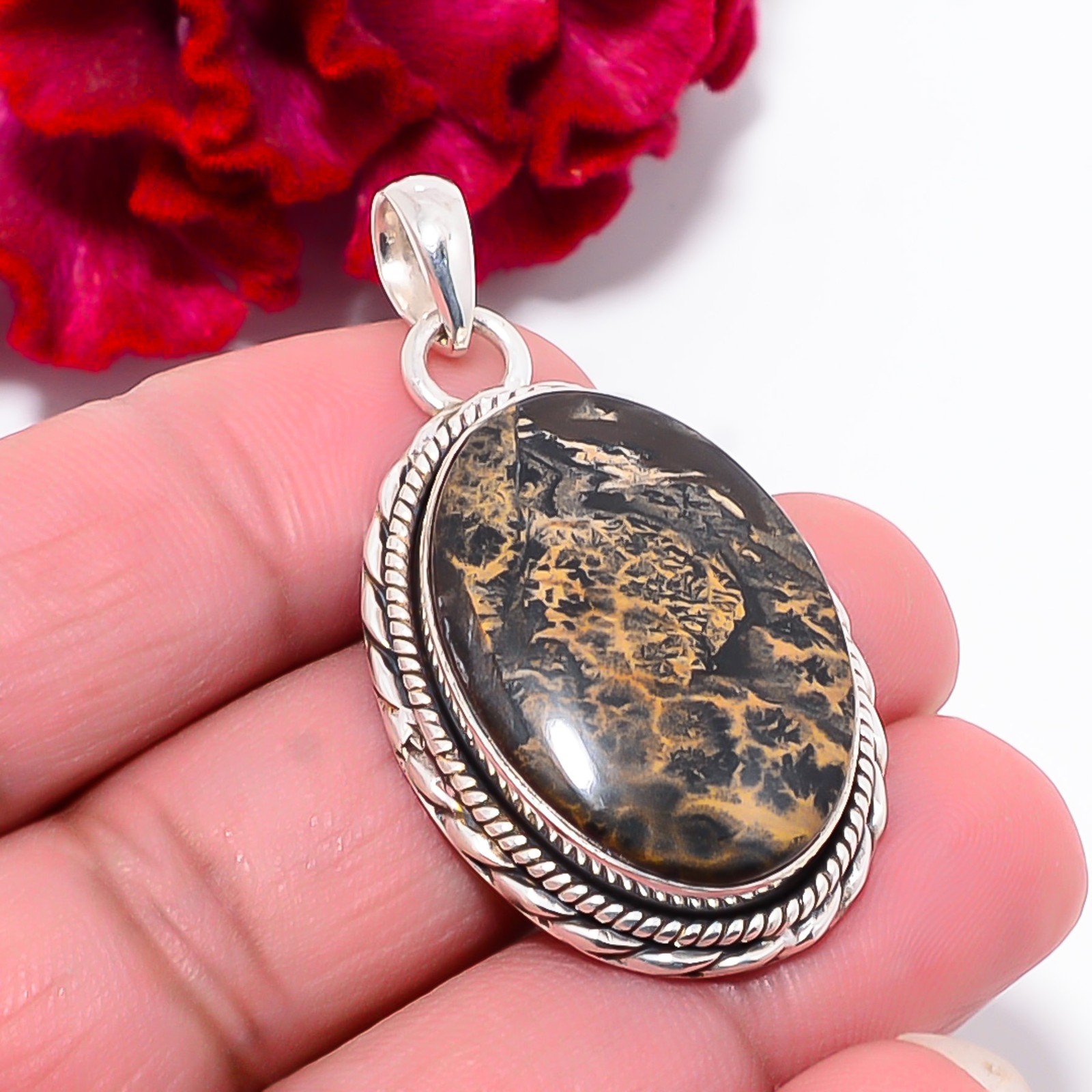 Honey Dendritic Opal – Mexico 925 Sterling Silver Pendant 1.87″ P101914