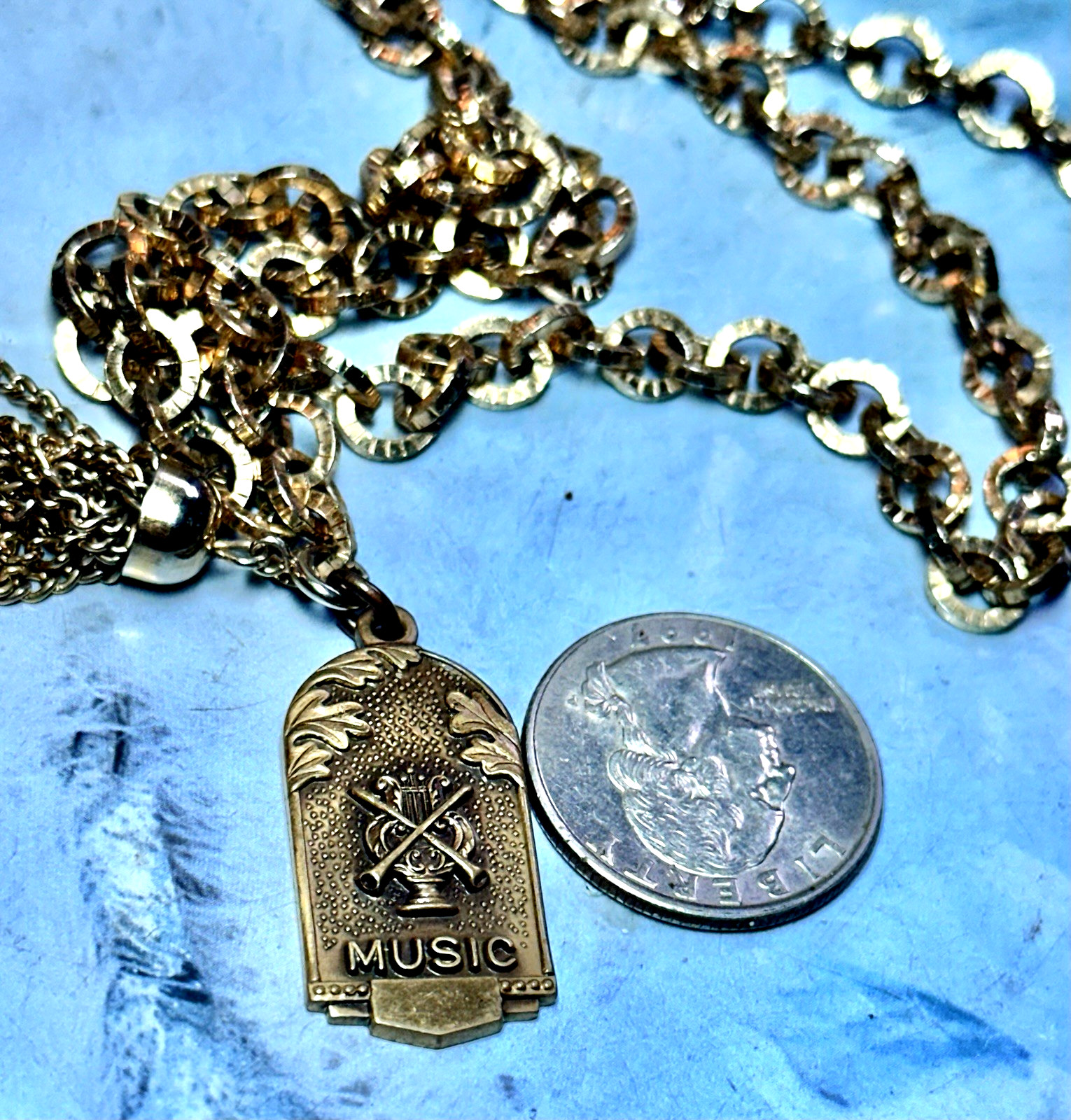 Music Tassel Pendant Gold Tone Necklace, Signed Jostens, 32″