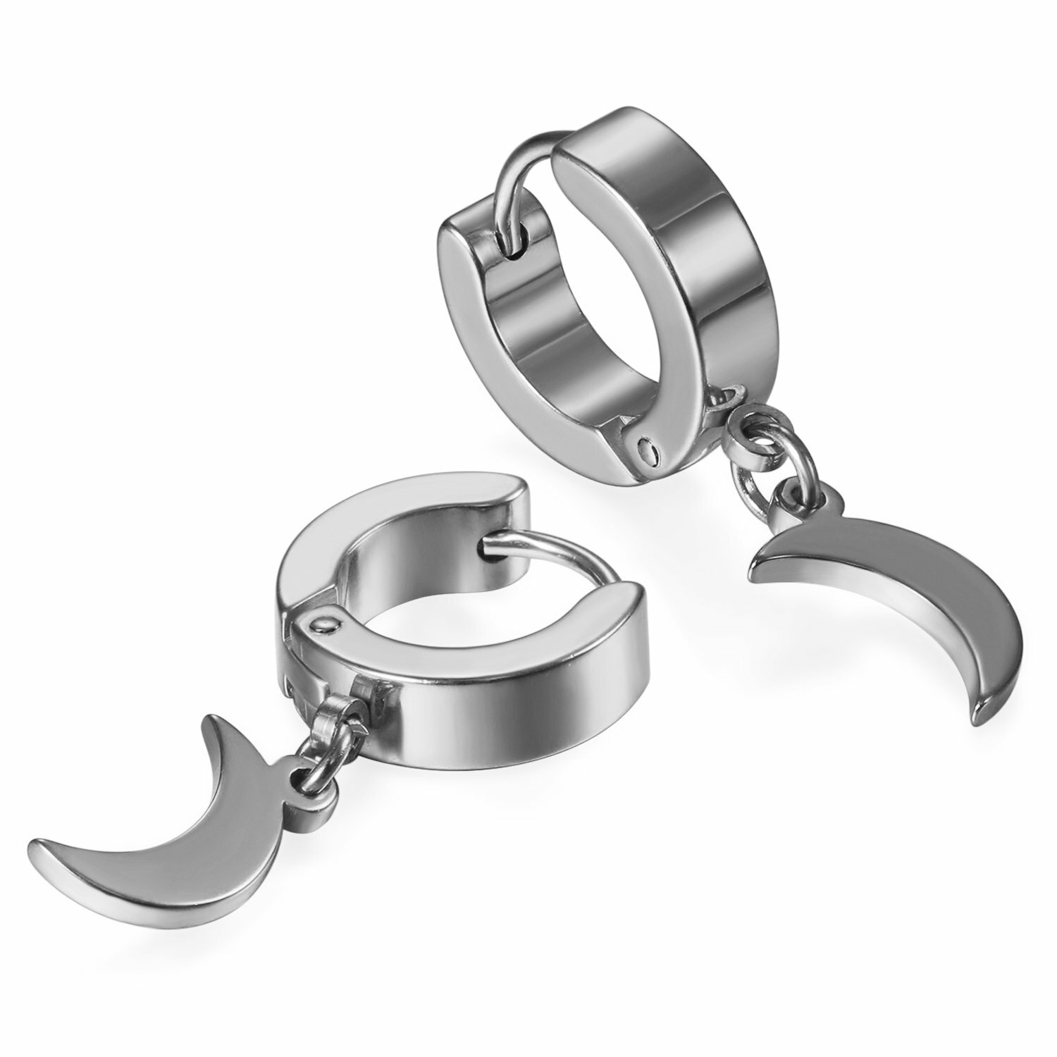 Polished Stainless Steel Moon Dangle Men Womens Small Hoop Huggie Earrings 2pcs