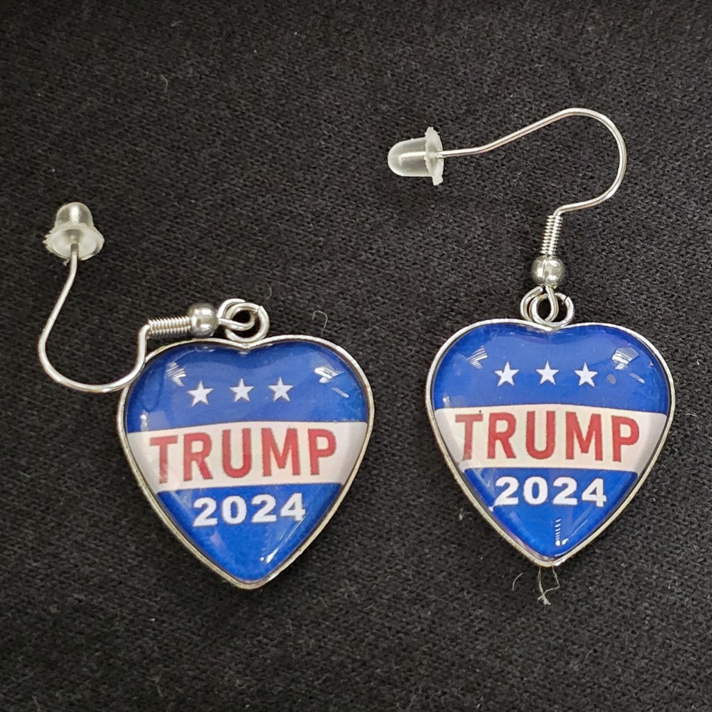 Trump 2024 Heart Dangle/Drop Hook Earrings Blue White Red Metal No Stone