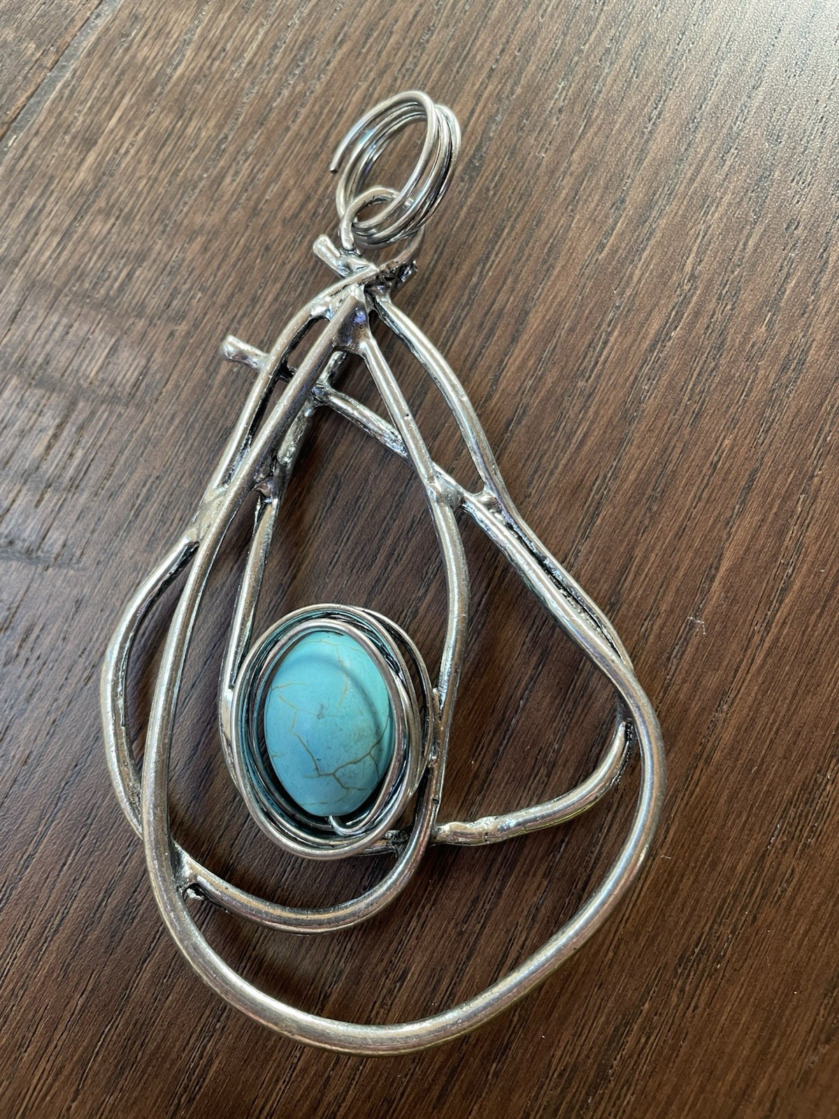 Very large silver-tone pendant only ~ No chain ~ Abstract design w/ faux stone