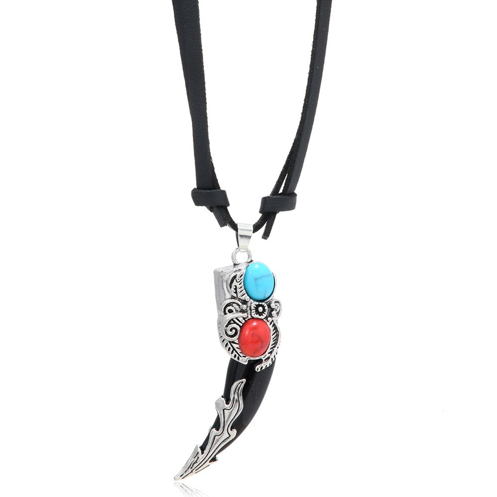 Vintage faux wolf tooth pendant, adjustable faux leather rope, men’s cyclist