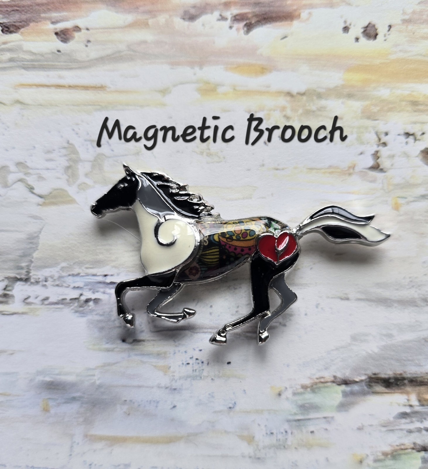 MAGNETIC BROOCH Black, White, Gray Silver Galloping Horse. Equestrian, Derby pin