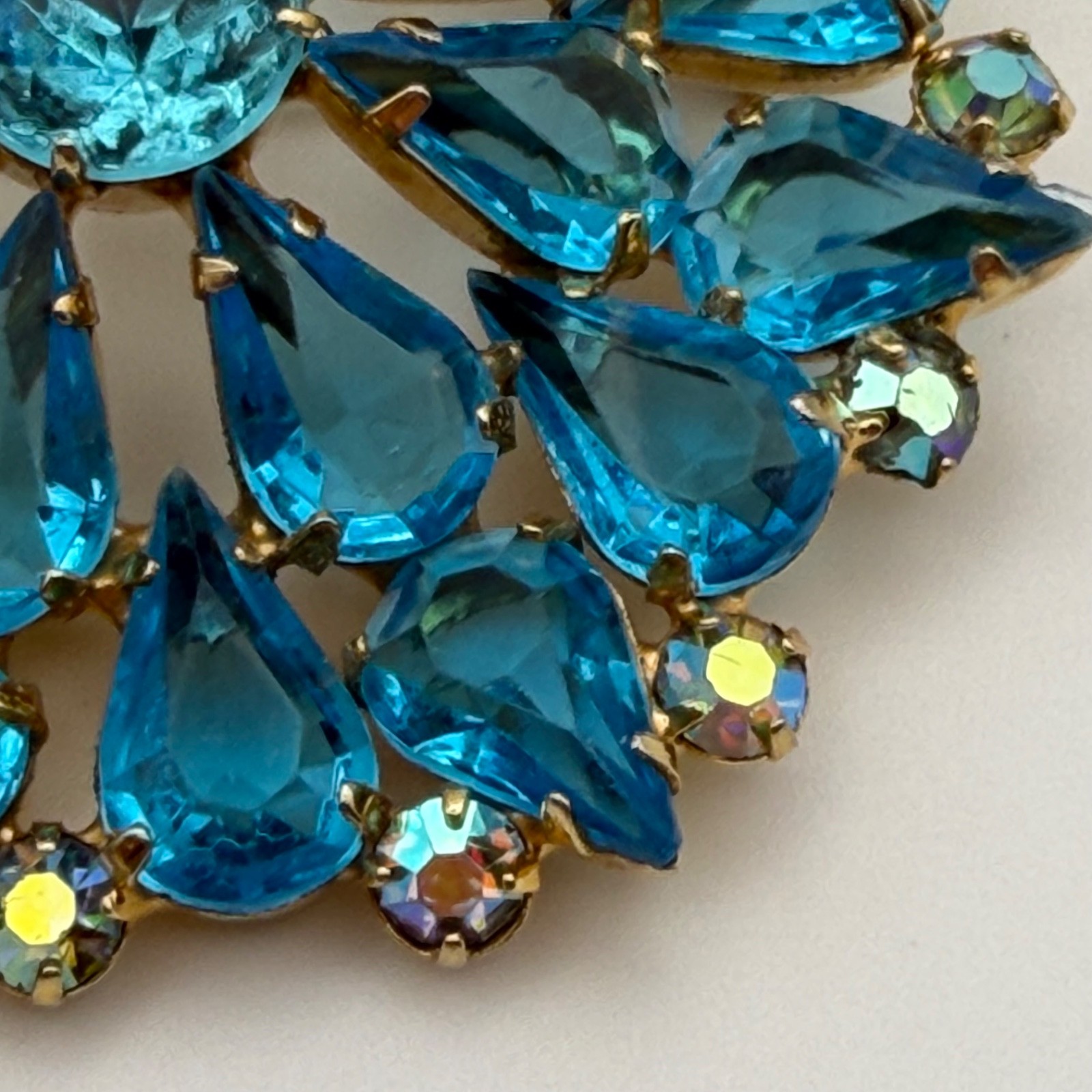 Vintage Aqua Blue Teardrop Rhinestone Wreath Brooch AB Crystal Statement Pin
