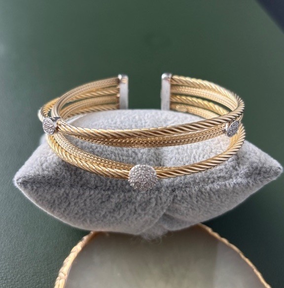 Two-Tone Multi-Band Bangle Bracelet With Crystal Accents
