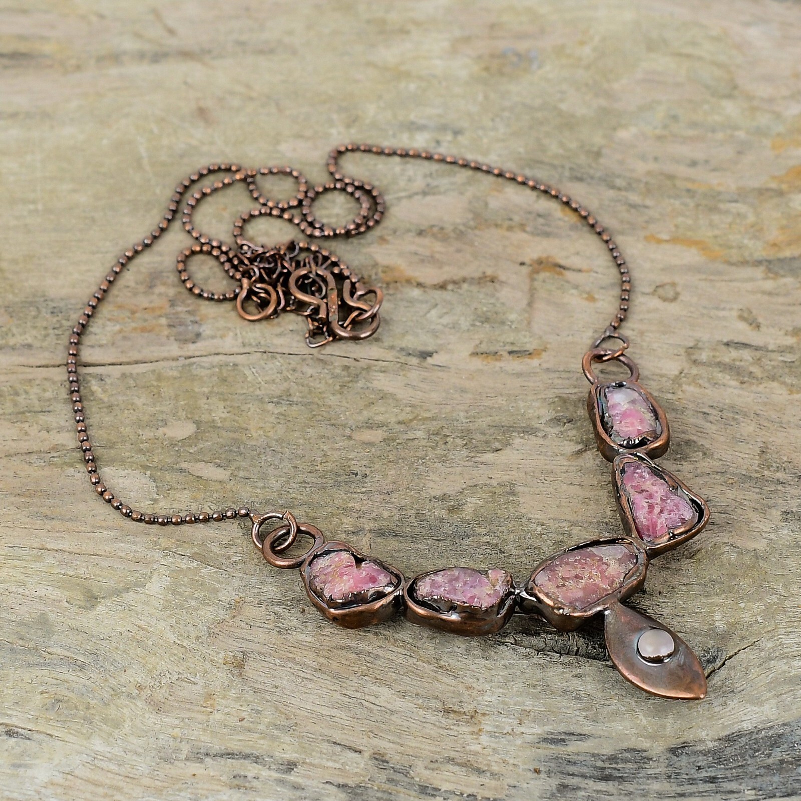 Pink Tourmaline Rough Copper Love Gift Electroformed Adjustable Necklace 18.0″