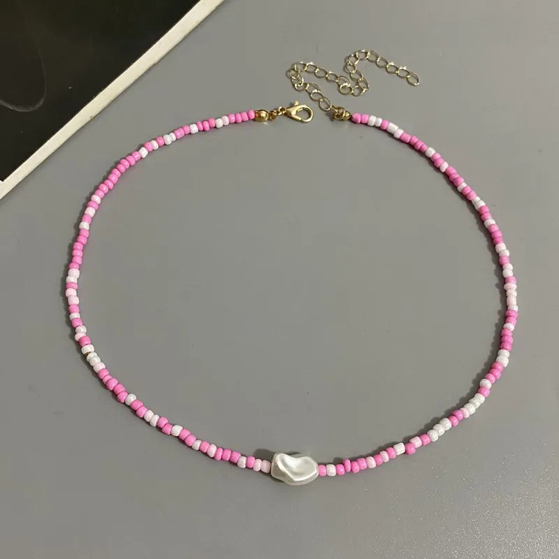 Fashion Boho Beads Necklace Women Imitation Pearl Seed Beaded Strand Short Choke