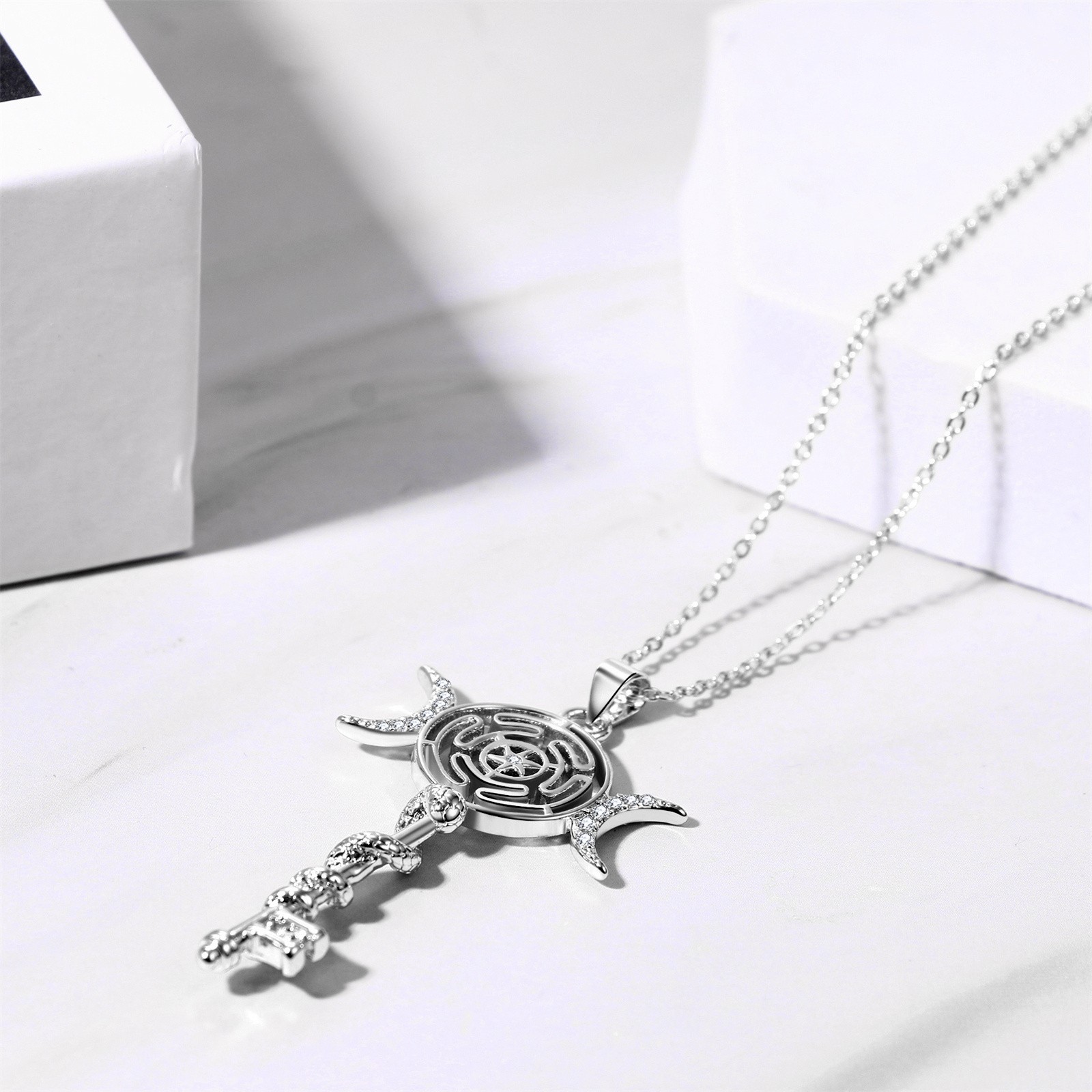 Hecate Triple Goddess Moon Key Pendant Necklace for Women Mythology Jewelry Gift