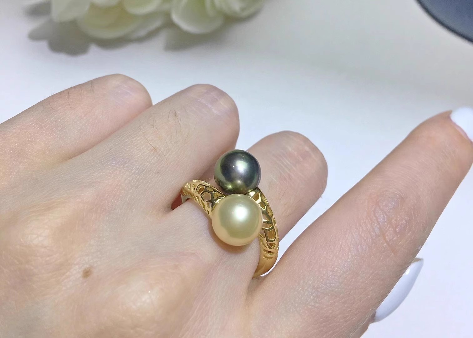 Natural Pearl AAAA8-9mm South Sea Double Pearl Hollow Adjustment Ring 925s
