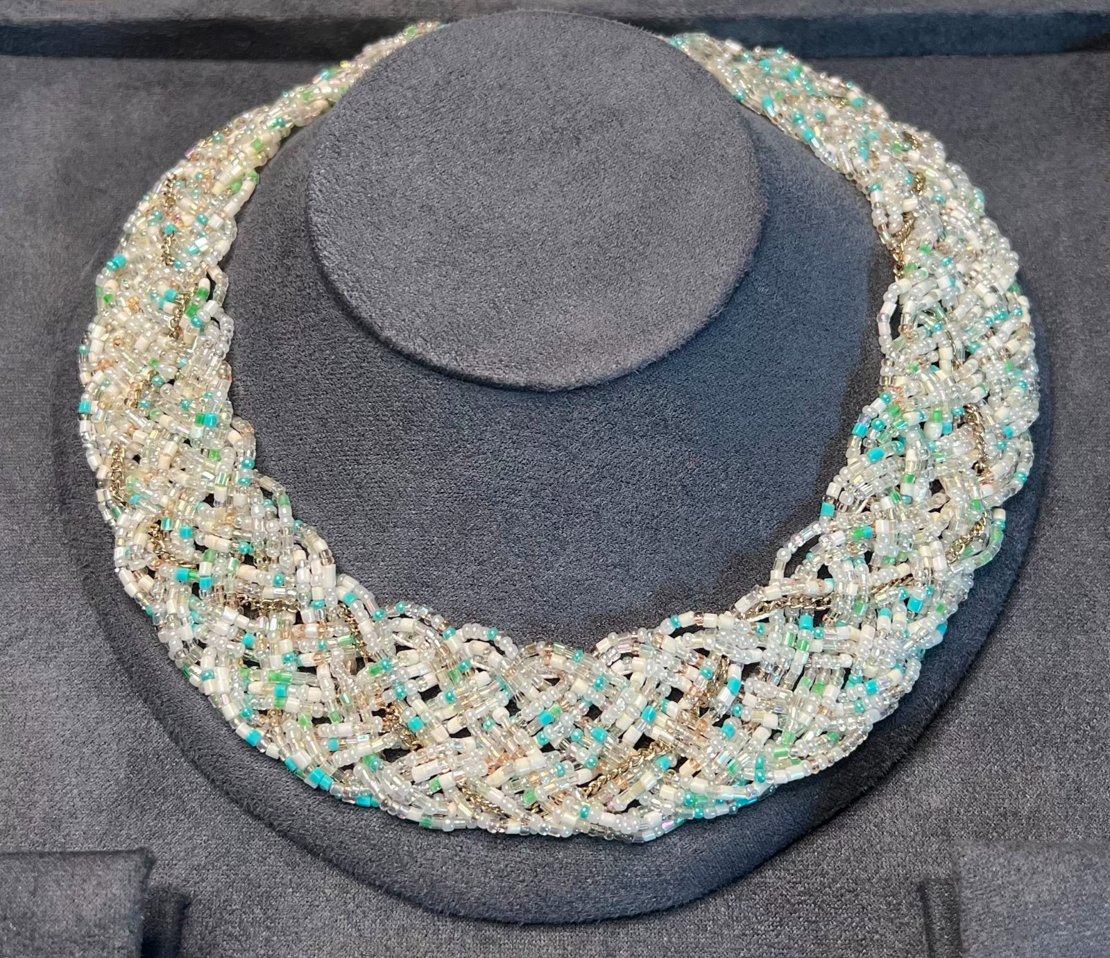 Handmade Braided Seed Bead Necklace White Silver Aqua Blue Statement Collar 40-4
