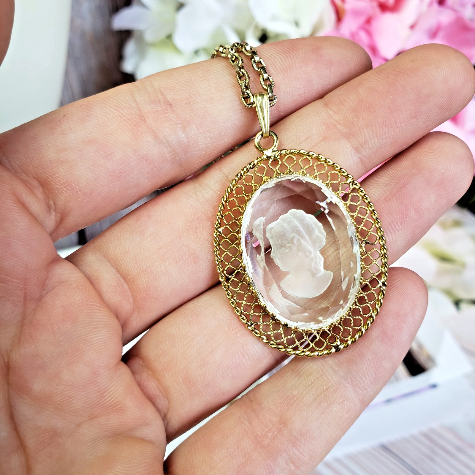 Whiting & Davis Etched Glass Cameo Pendant Necklace Gold Tone Filigree Frame