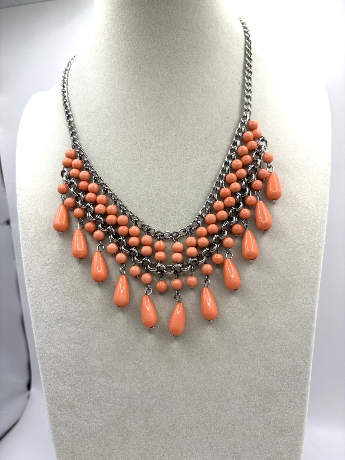 Salmon Pink Beaded Bib Necklace Silver Tone Metal