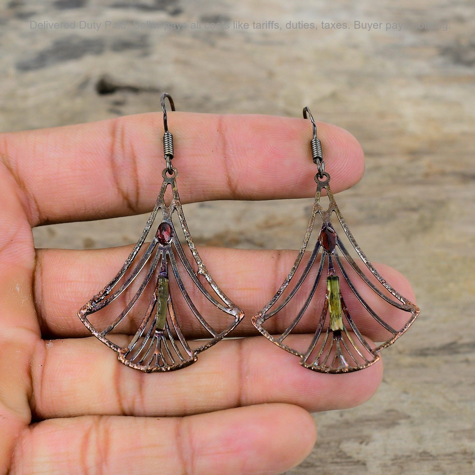 Copper Natural Multi Tourmaline Rough Drop Dangle Electroformed Earrings Jewelry