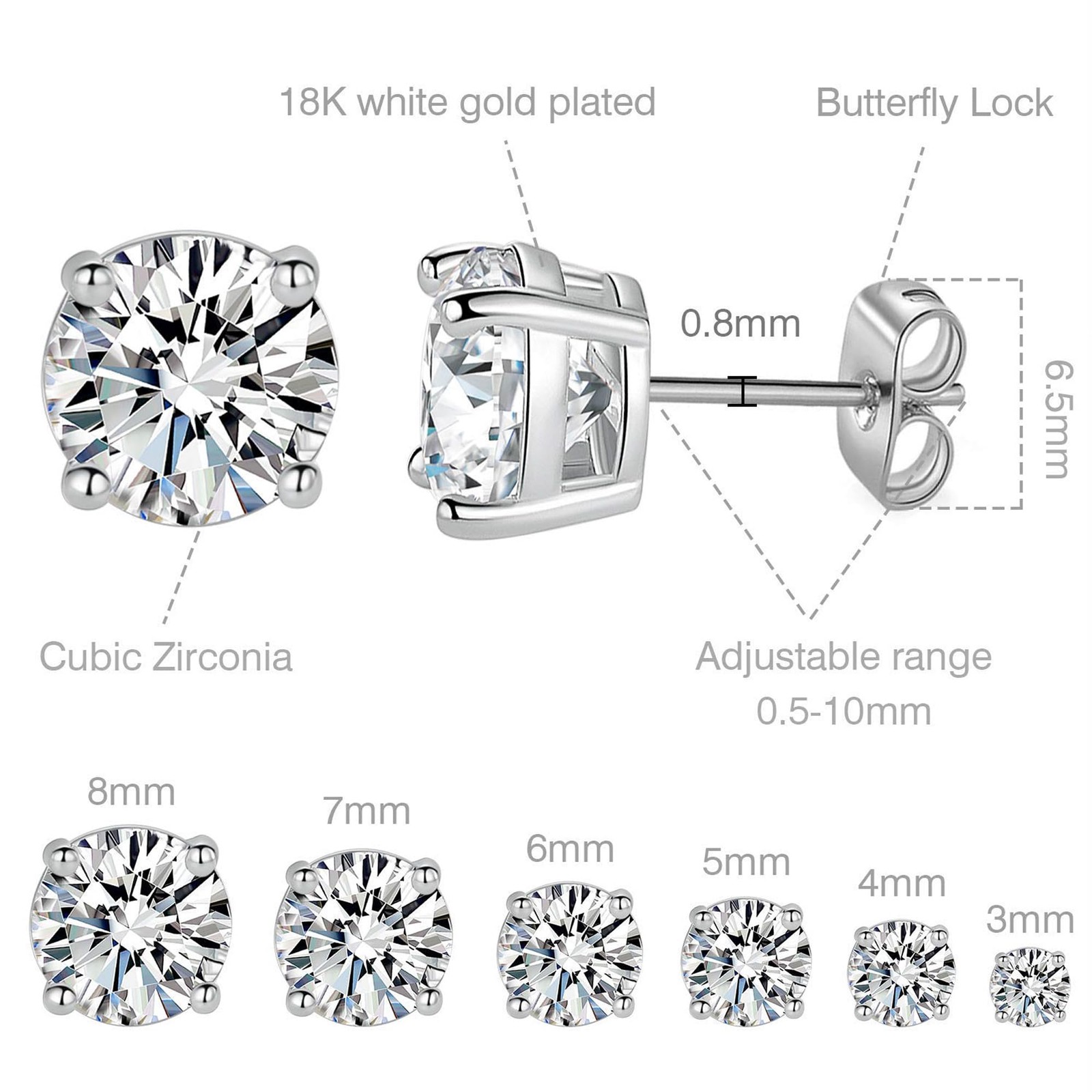 18K White Gold Plated 4 Pong Round Clear Cubic Zirconia Stud Earring Pack of …