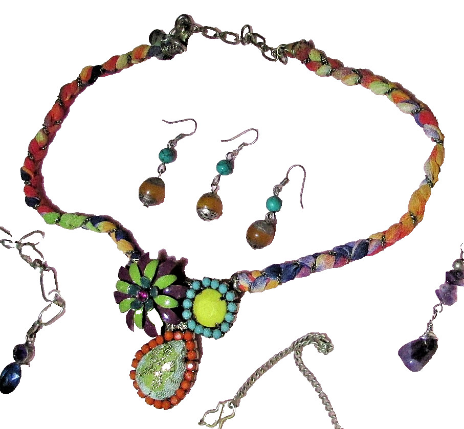BOHO FUNKY MIXED MATERIALS JEWELRY — ONE BOHM NECKLACE & THREE EARRINGS ONLY