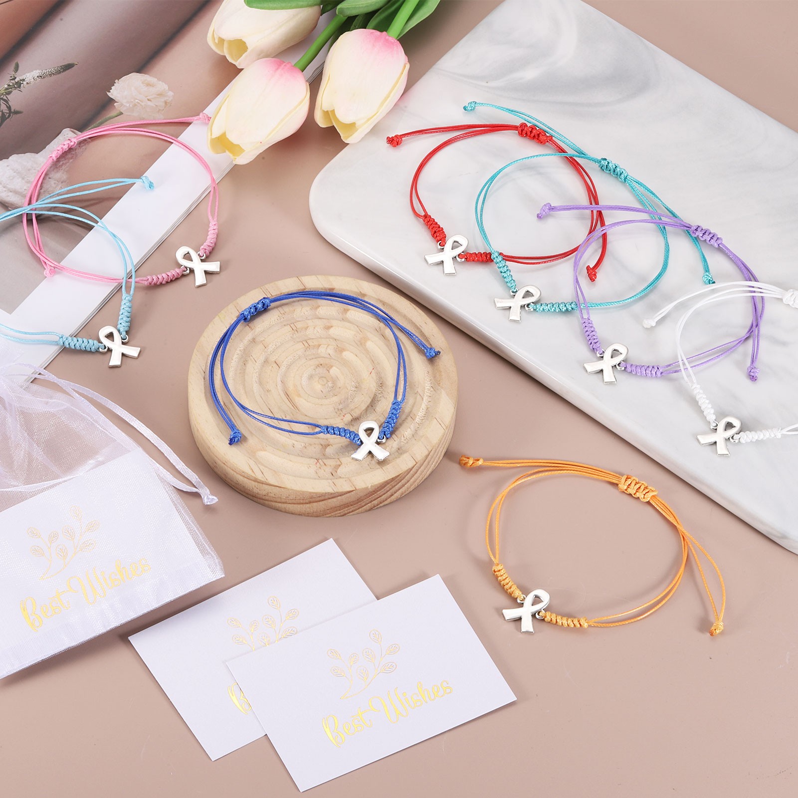 20Pcs Breast Cancer Bracelets Adjustable Care Set with Card & Mesh Bag Blue