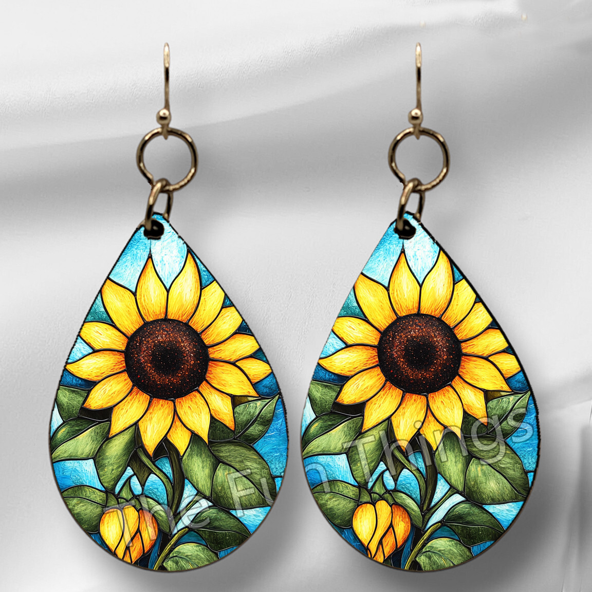 Whimsical Pop Art Sunflower Earrings DON’T TARNISH Wood Teardrop Dangle Drop