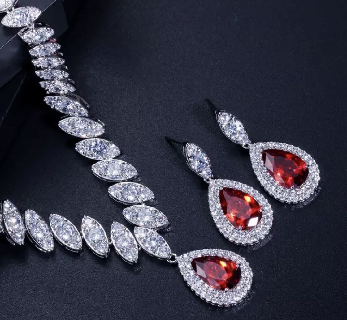 18k White Gold Plated Red Tennis Necklace Earrings Set made w Swarovski Crystal