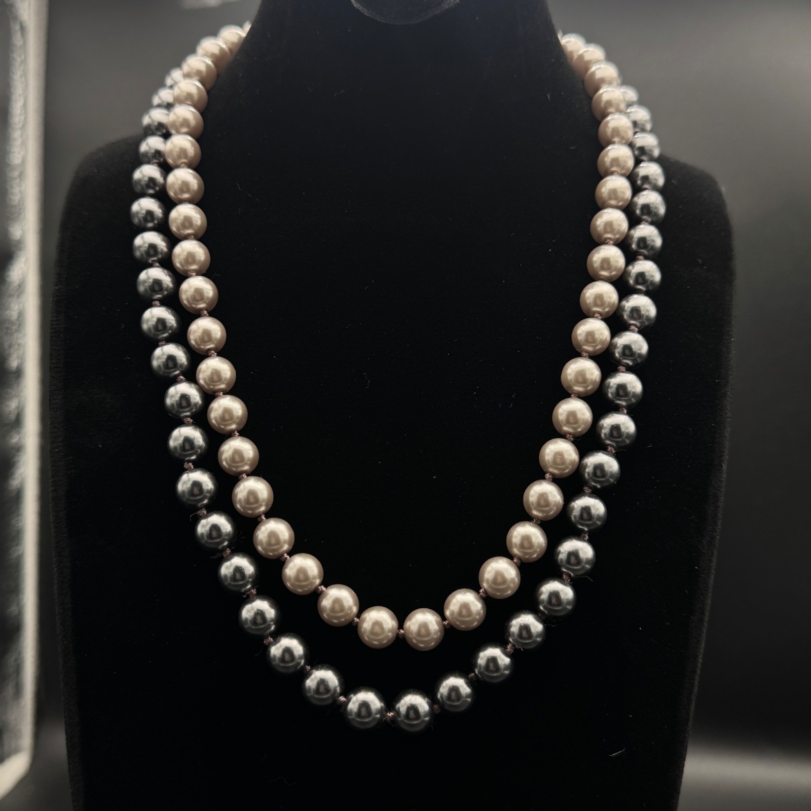 Vintage Two Strand Silver Faux Pearl Necklace 17 in Knotted Heavy 69g Flapper