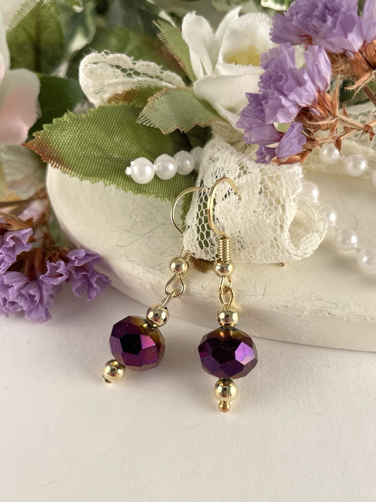 Round Purple Crystal Gold Hook Earrings Handmade Artisan Fashion Style Jewelry