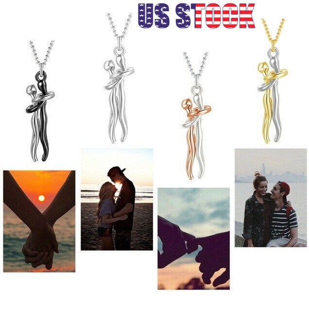 Love Hug Pendant Necklace Two Toned Affectionate Couple Hug Valentine’s Necklace